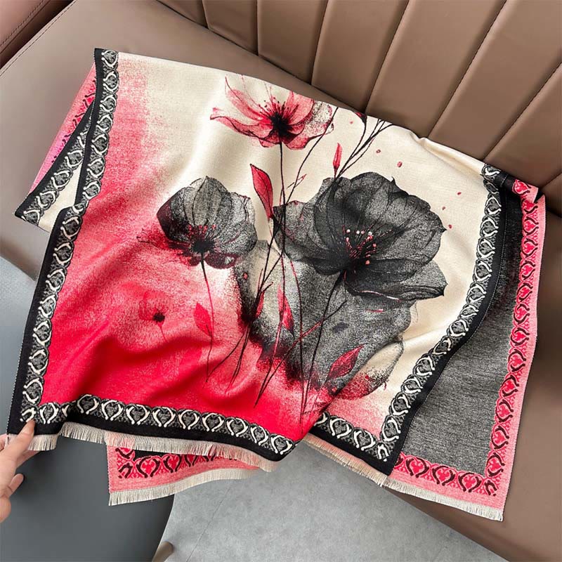 Buddha Stones Peinture à l'encre d'hiver Motif de fleurs de lotus et de feuilles Écharpe douce Châle - Tomate - 180 x 65 cm - image 4