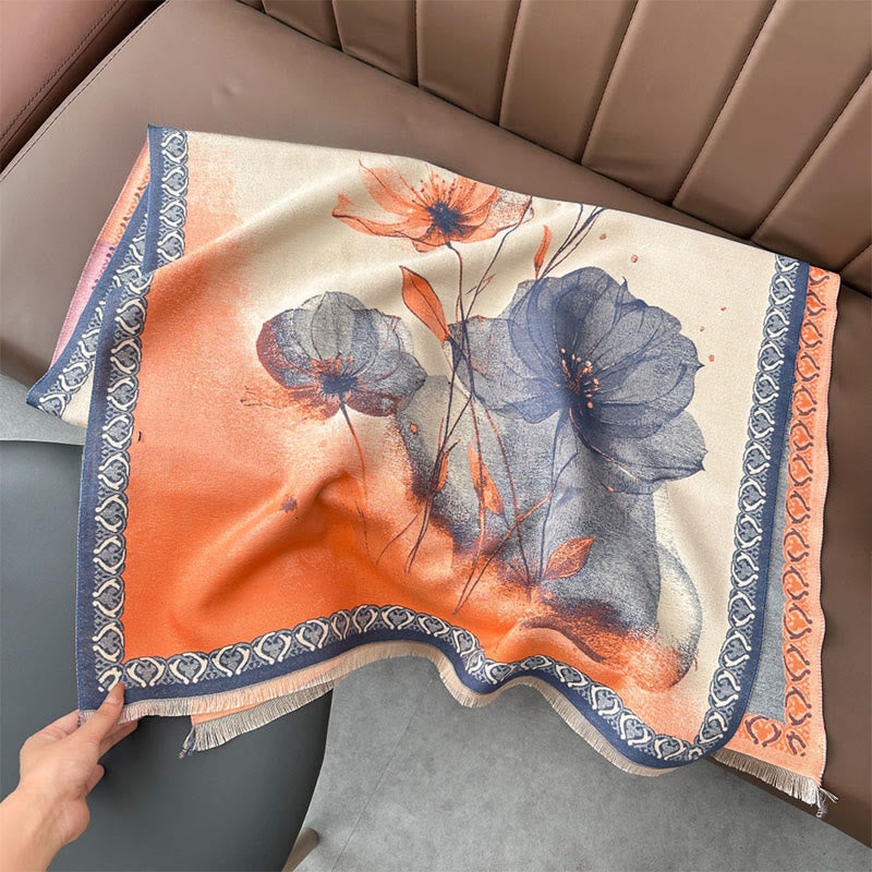 Buddha Stones Peinture à l'encre d'hiver Motif de fleurs de lotus et de feuilles Écharpe douce Châle - Saumon clair - 180 x 65 cm - image 8