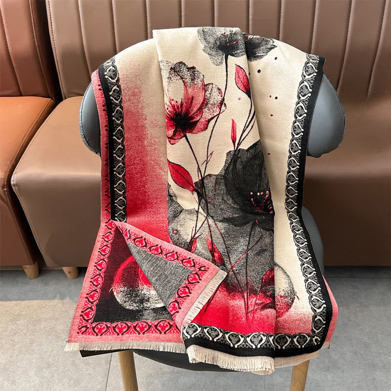 Buddha Stones Peinture à l'encre d'hiver Motif de fleurs de lotus et de feuilles Écharpe douce Châle - image 5