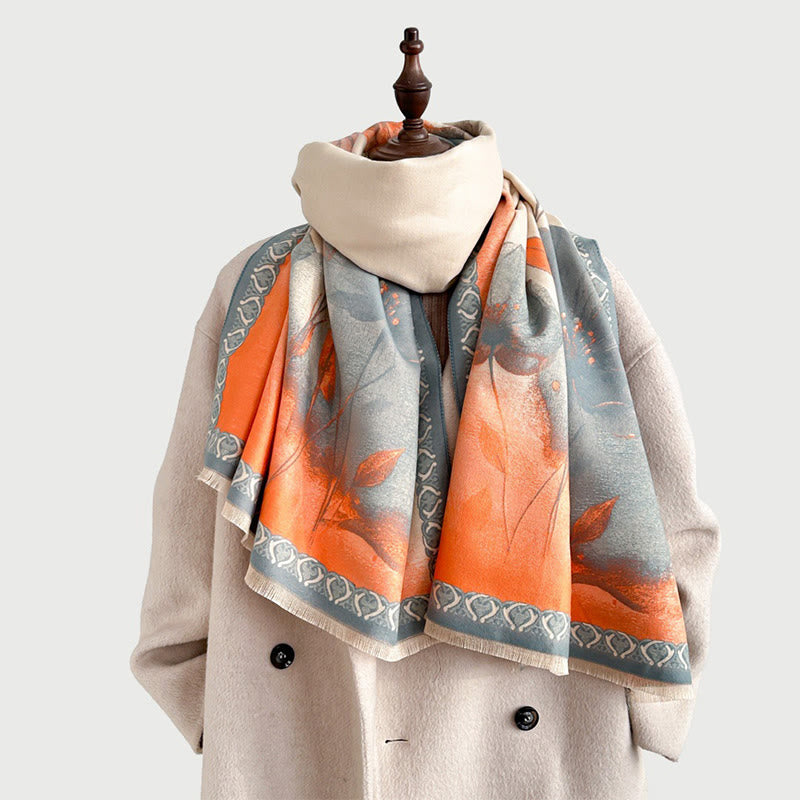 Buddha Stones Peinture à l'encre d'hiver Motif de fleurs de lotus et de feuilles Écharpe douce Châle - image 2