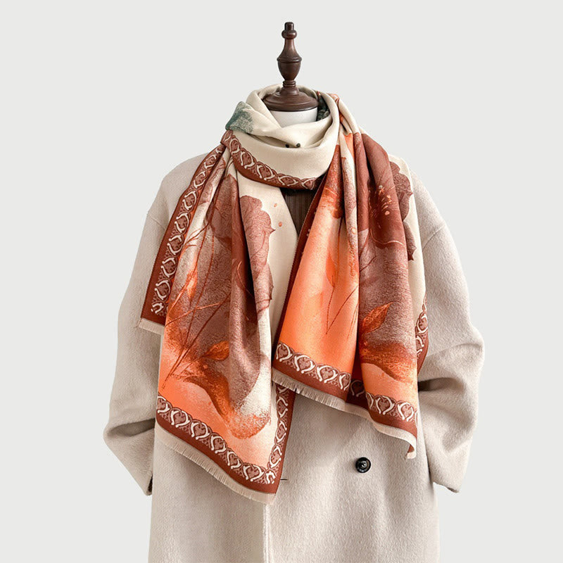 Buddha Stones Peinture à l'encre d'hiver Motif de fleurs de lotus et de feuilles Écharpe douce Châle - image 14