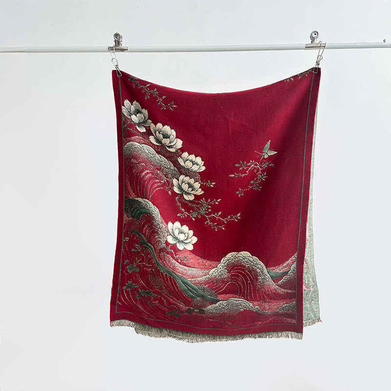 Écharpe douce à pompons, motif de Buddha Stones, de fleurs de lotus d'automne et de vagues océaniques - Rouge foncé - 185 x 65 cm - image 4