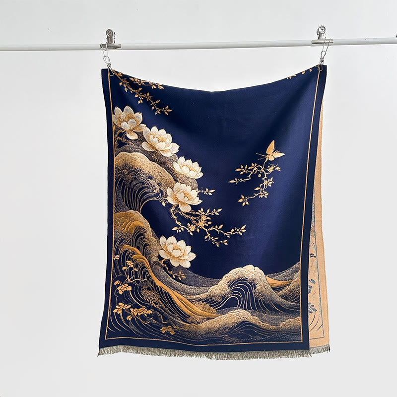 Écharpe douce à pompons, motif de Buddha Stones, de fleurs de lotus d'automne et de vagues océaniques - Marine - 185 x 65 cm - image 9