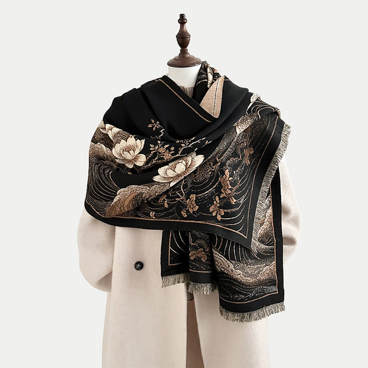 Écharpe douce à pompons, motif de Buddha Stones, de fleurs de lotus d'automne et de vagues océaniques - Noir - 185 x 65 cm - image 0