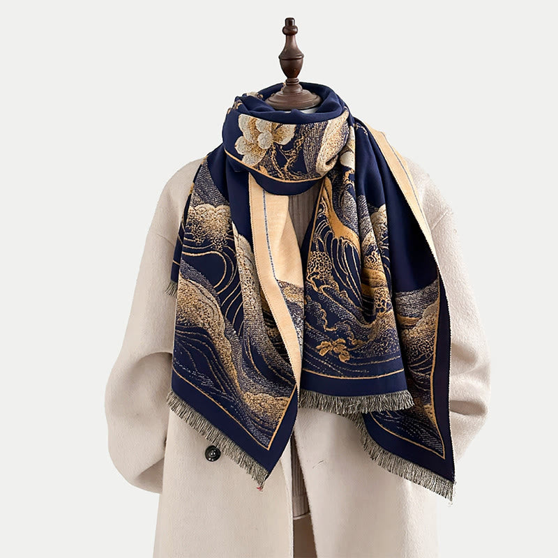 Écharpe douce à pompons, motif de Buddha Stones, de fleurs de lotus d'automne et de vagues océaniques - image 12