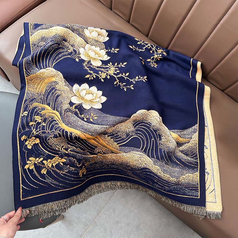 Écharpe douce à pompons, motif de Buddha Stones, de fleurs de lotus d'automne et de vagues océaniques - image 10