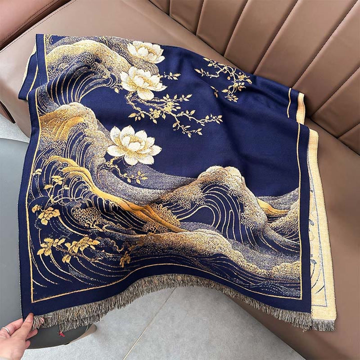 Écharpe douce à pompons, motif de Buddha Stones, de fleurs de lotus d'automne et de vagues océaniques - image 10