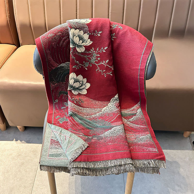 Écharpe douce à pompons, motif de Buddha Stones, de fleurs de lotus d'automne et de vagues océaniques - image 6