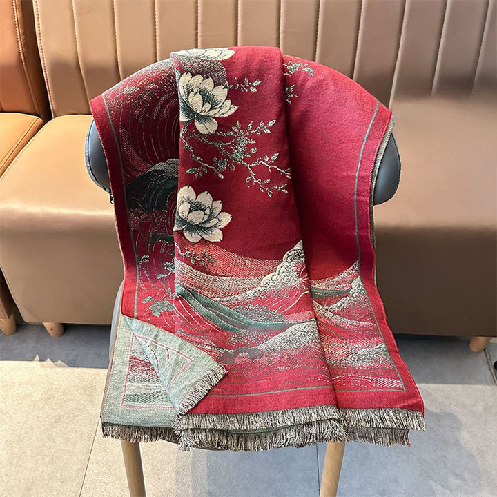 Écharpe douce à pompons, motif de Buddha Stones, de fleurs de lotus d'automne et de vagues océaniques - image 6