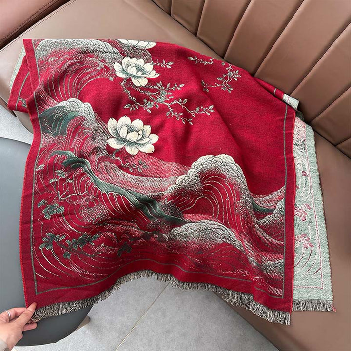 Écharpe douce à pompons, motif de Buddha Stones, de fleurs de lotus d'automne et de vagues océaniques - image 5