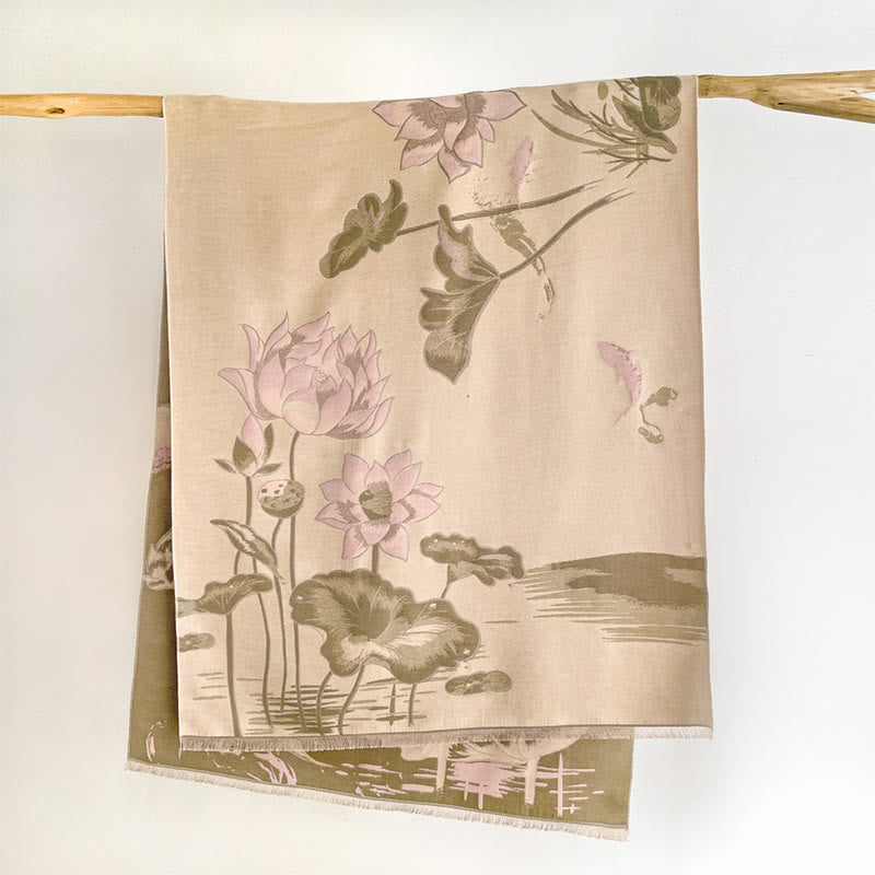 Écharpe-châle douillette à motif de Buddha Stones, de lotus, de carpes koï et de libellule - Blanc antique - 180*65 cm - image 12