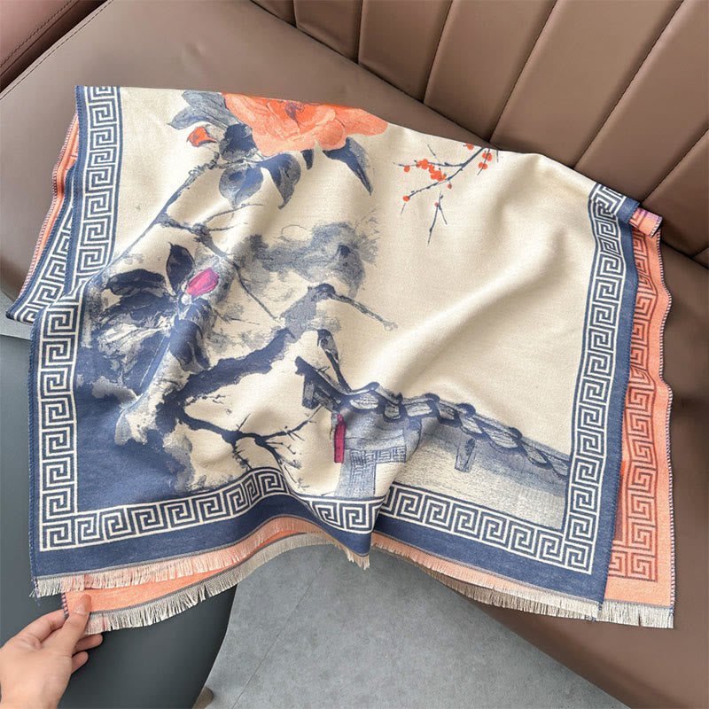 Buddha Stones, fleurs de prunier d'automne, motif peinture à l'encre, écharpe-châle douillette - Bleu acier clair - 180*65 cm - image 8