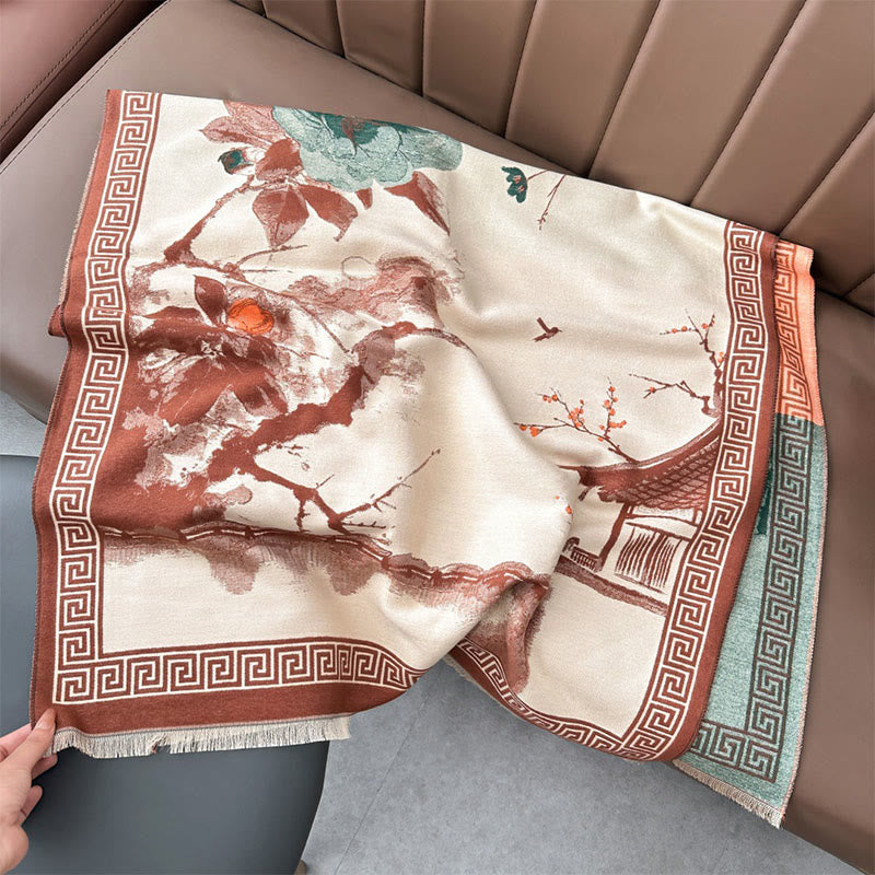 Buddha Stones, fleurs de prunier d'automne, motif peinture à l'encre, écharpe-châle douillette - image 1