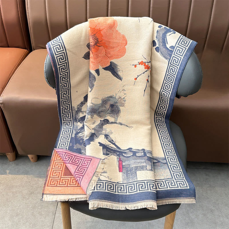 Buddha Stones, fleurs de prunier d'automne, motif peinture à l'encre, écharpe-châle douillette - image 11