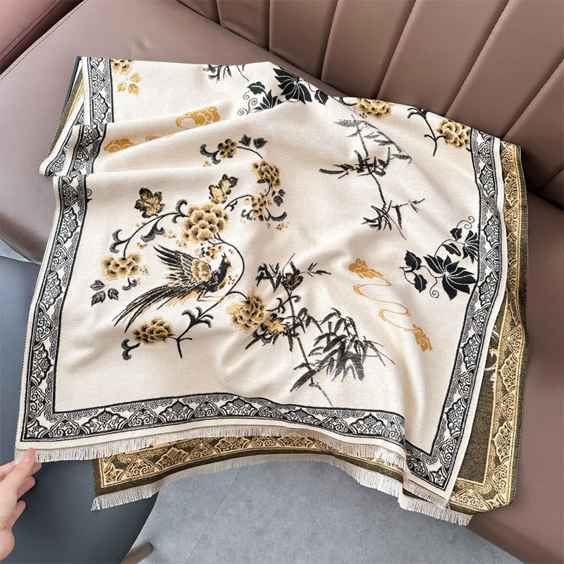 Écharpe-châle douce à motif de Buddha Stones' oiseaux d'hiver, de feuilles de bambou et de vignes - Beige - 180 x 65 cm - image 8