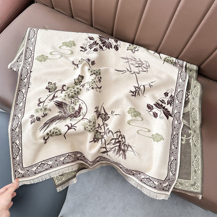 Écharpe-châle douce à motif de Buddha Stones' oiseaux d'hiver, de feuilles de bambou et de vignes - Kaki foncé - 180 x 65 cm - image 12