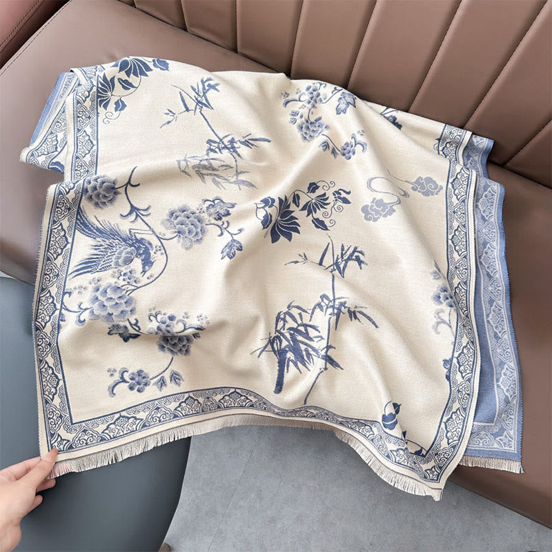 Écharpe-châle douce à motif de Buddha Stones' oiseaux d'hiver, de feuilles de bambou et de vignes - Bleu acier clair - 180 x 65 cm - image 17