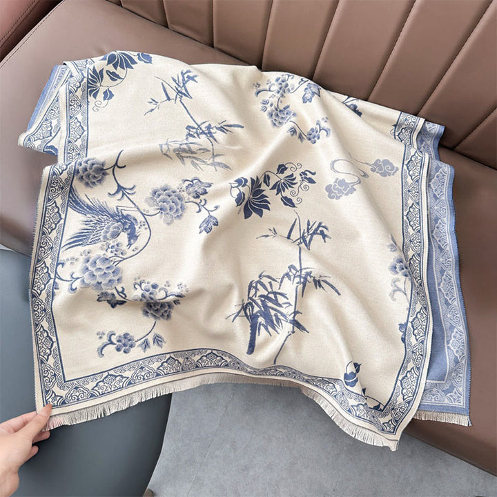 Écharpe-châle douce à motif de Buddha Stones' oiseaux d'hiver, de feuilles de bambou et de vignes - Bleu acier clair - 180 x 65 cm - image 17