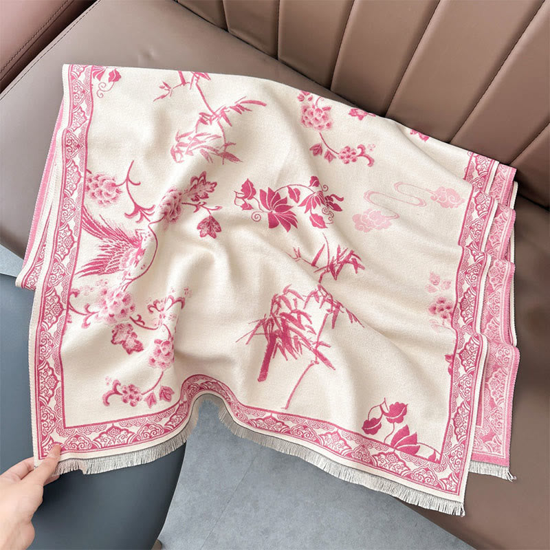 Écharpe-châle douce à motif de Buddha Stones' oiseaux d'hiver, de feuilles de bambou et de vignes - Rose clair - 180 x 65 cm - image 21
