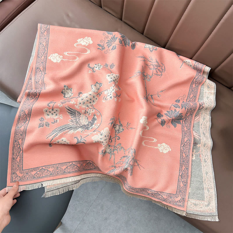 Écharpe-châle douce à motif de Buddha Stones' oiseaux d'hiver, de feuilles de bambou et de vignes - image 2