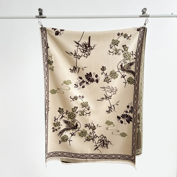 Écharpe-châle douce à motif de Buddha Stones' oiseaux d'hiver, de feuilles de bambou et de vignes - image 13