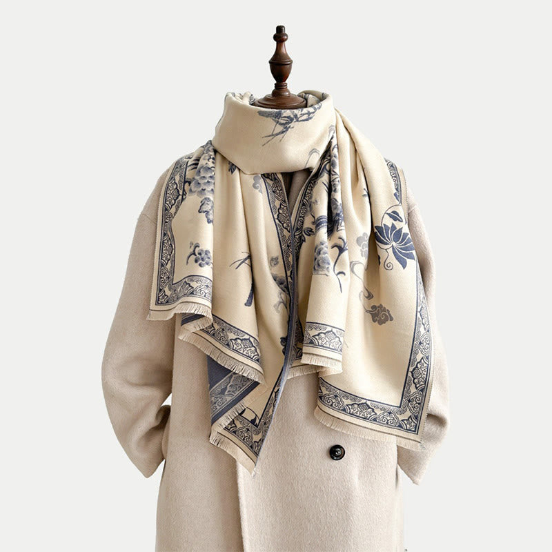 Écharpe-châle douce à motif de Buddha Stones' oiseaux d'hiver, de feuilles de bambou et de vignes - image 19