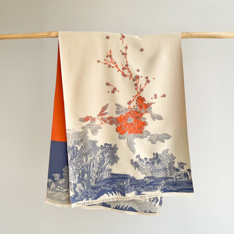 Écharpe-châle douillette à motif de pavillon , Buddha Stones , fleurs d'automne et arbres - image 1