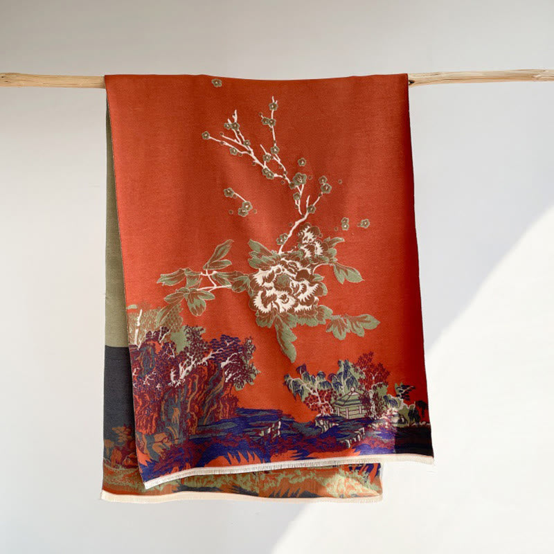 Écharpe-châle douillette à motif de pavillon , Buddha Stones , fleurs d'automne et arbres - Corail - 180 x 65 cm - image 6