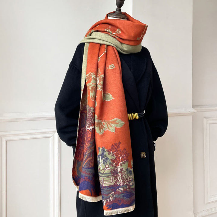 Écharpe-châle douillette à motif de pavillon , Buddha Stones , fleurs d'automne et arbres - image 8