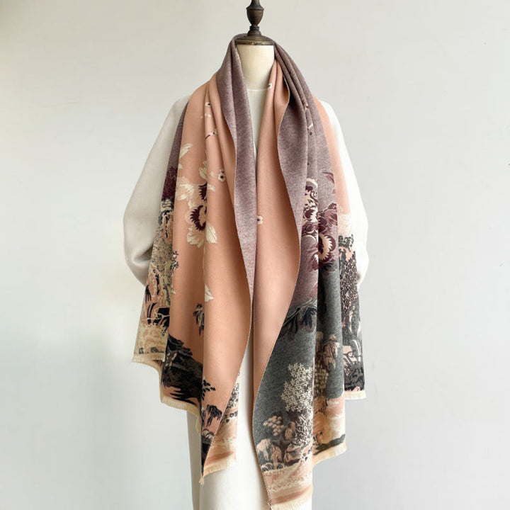 Écharpe-châle douillette à motif de pavillon , Buddha Stones , fleurs d'automne et arbres - image 4