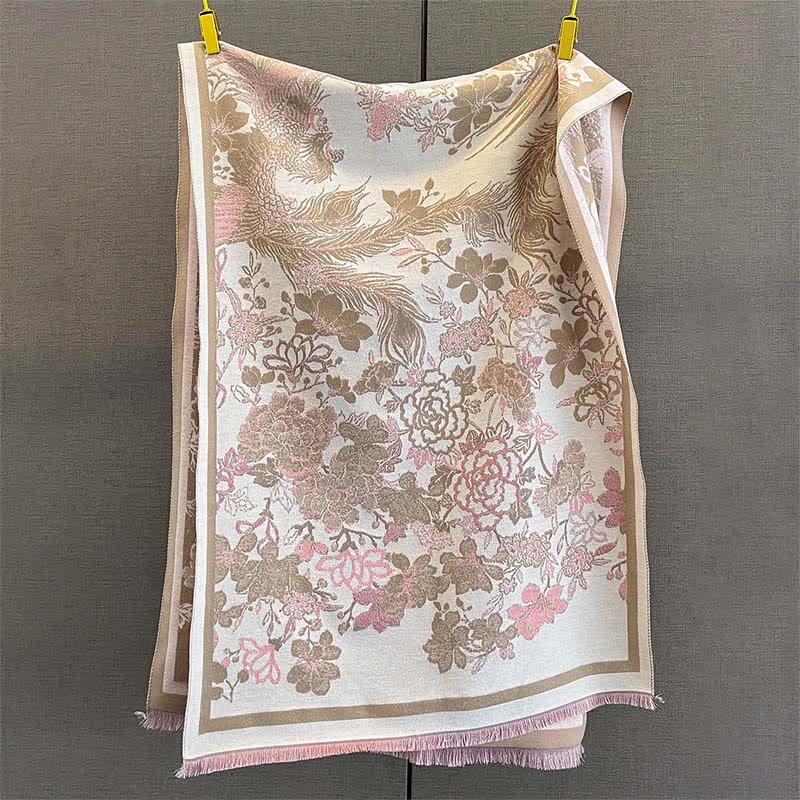 Écharpe-châle douce à motif de Buddha Stones, de fleurs de phénix et de phénix d'automne - Kaki foncé - 185 x 65 cm - image 4