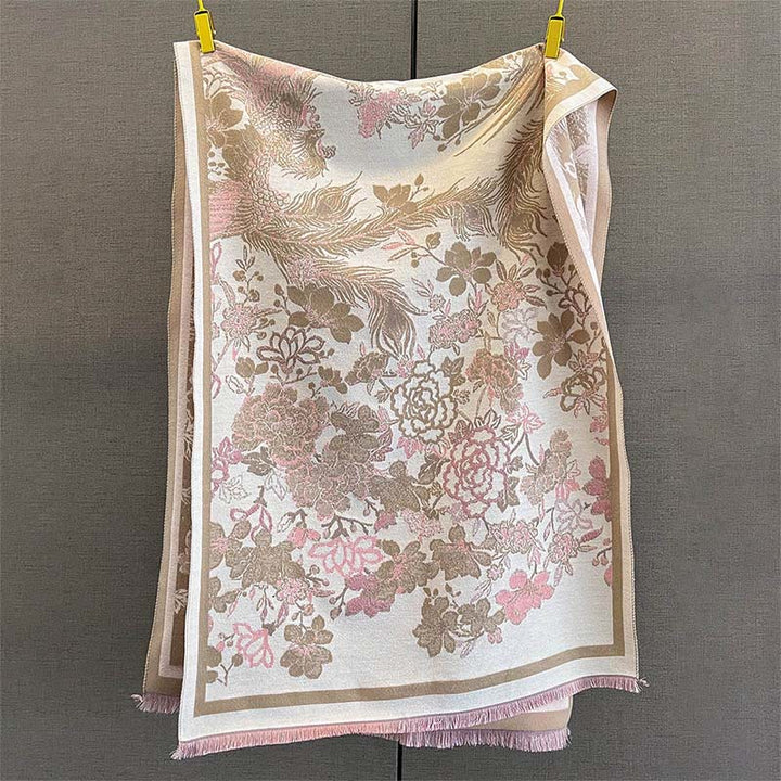 Écharpe-châle douce à motif de Buddha Stones, de fleurs de phénix et de phénix d'automne - Kaki foncé - 185 x 65 cm - image 4