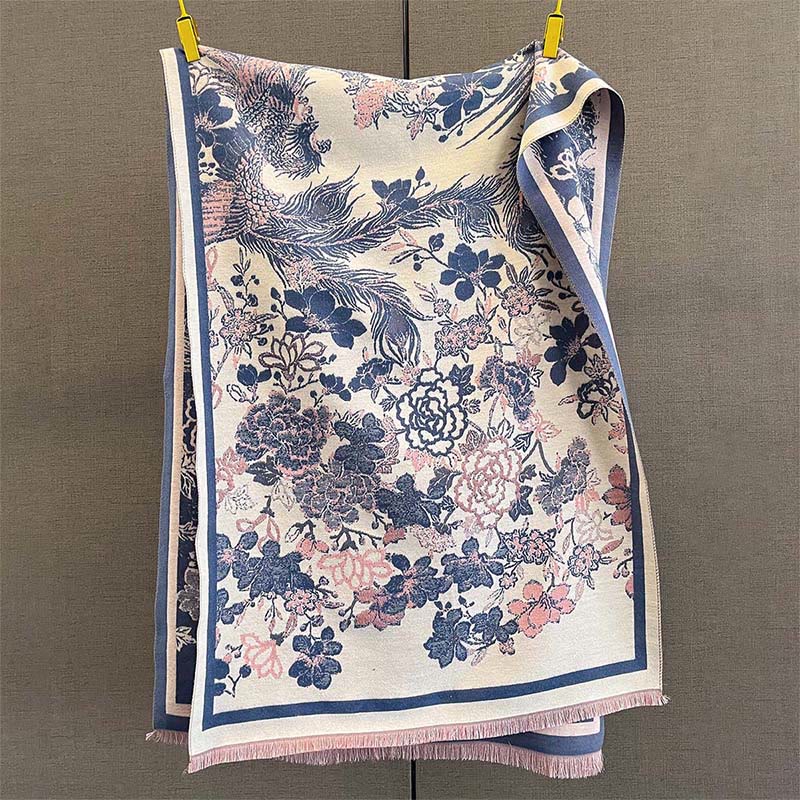 Écharpe-châle douce à motif de Buddha Stones, de fleurs de phénix et de phénix d'automne - SteelBlue - 185 x 65 cm - image 8