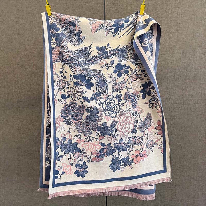 Écharpe-châle douce à motif de Buddha Stones, de fleurs de phénix et de phénix d'automne - SteelBlue - 185 x 65 cm - image 8