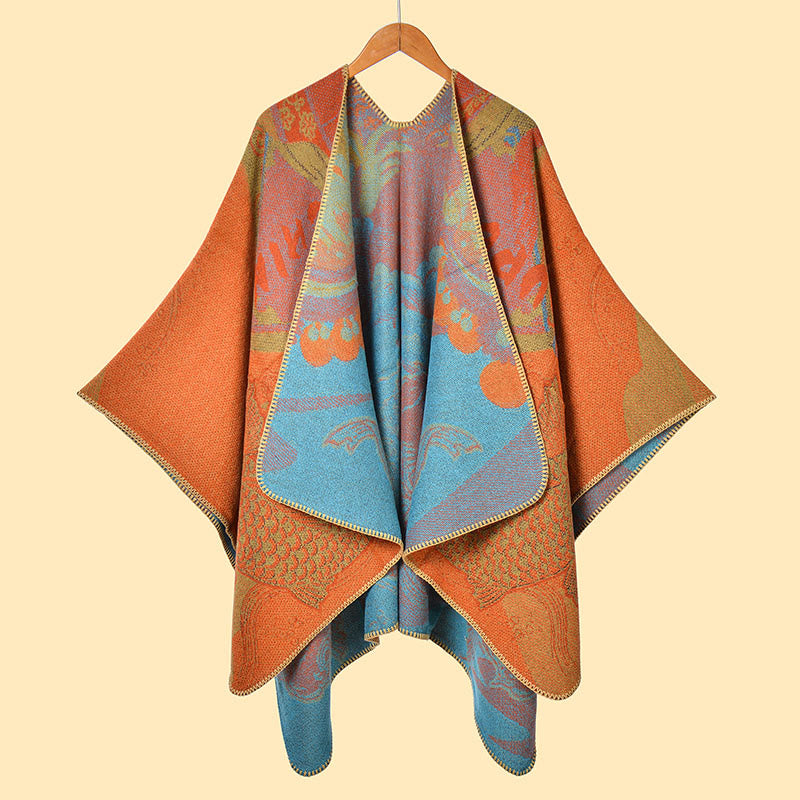 Écharpe-châle chaude et confortable à motif vagues et poissons koi en Buddha Stones - Orange foncé - 130*150 cm - image 13
