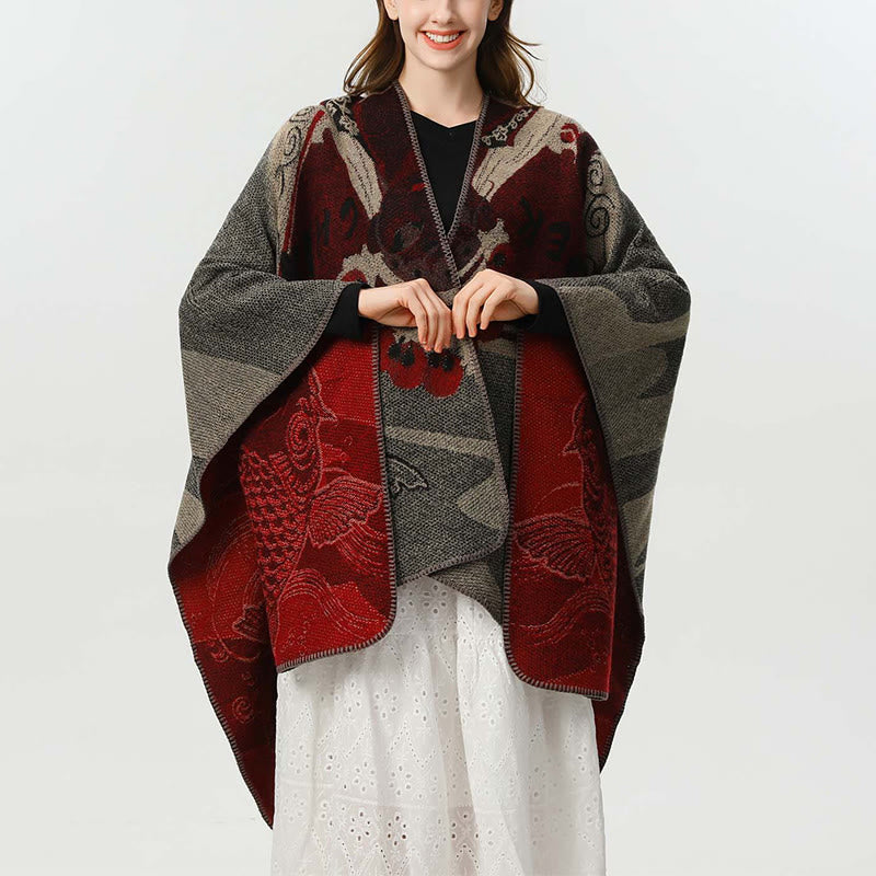 Écharpe-châle chaude et confortable à motif vagues et poissons koi en Buddha Stones - Rouge indien - 130*150 cm - image 0