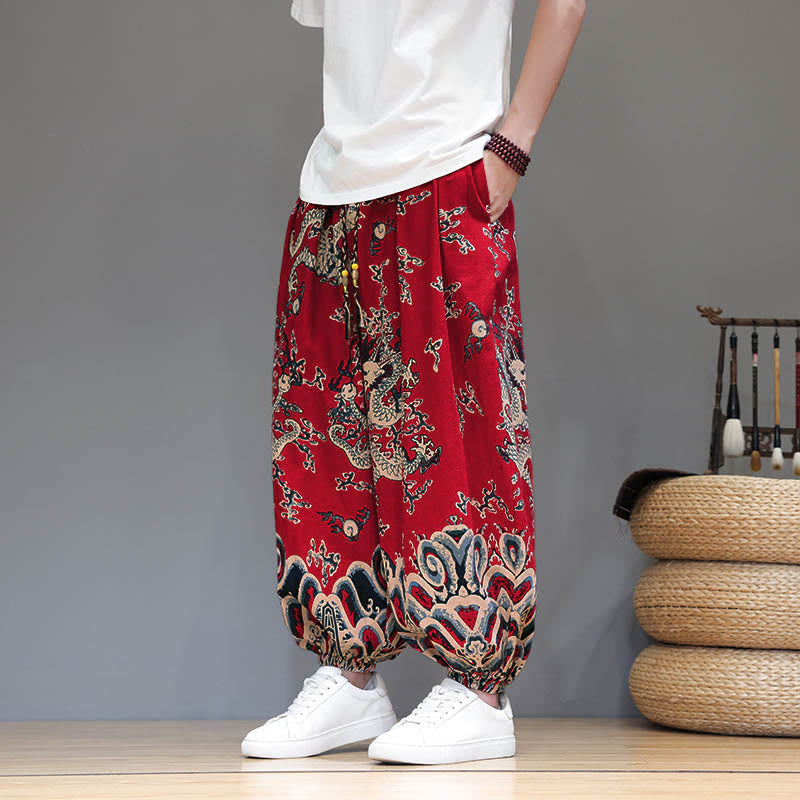 Pantalon harem homme en coton et lin avec poches, motif dragon d'été et cordon de serrage , Buddha Stones - Rouge - US/UK/AU46，EU56 (5XL) - image 0