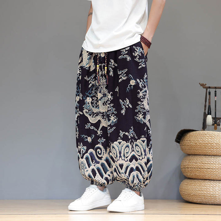 Pantalon harem homme en coton et lin avec poches, motif dragon d'été et cordon de serrage , Buddha Stones - SteelBlue - US/UK/AU46，EU56 (5XL) - image 10