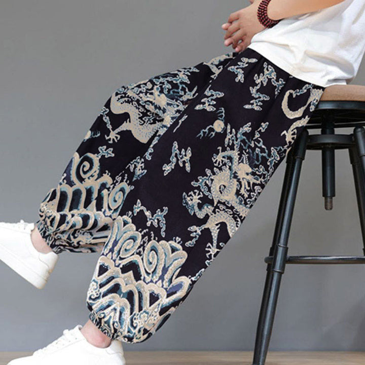 Pantalon harem homme en coton et lin avec poches, motif dragon d'été et cordon de serrage , Buddha Stones - image 17
