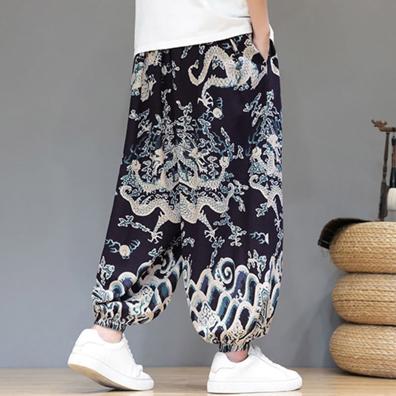 Pantalon harem homme en coton et lin avec poches, motif dragon d'été et cordon de serrage , Buddha Stones - image 14