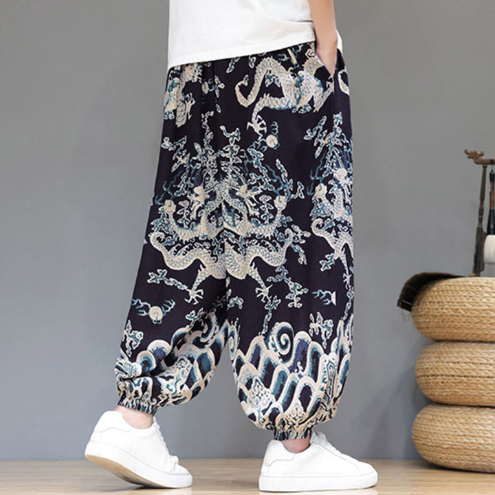 Pantalon harem homme en coton et lin avec poches, motif dragon d'été et cordon de serrage , Buddha Stones - image 14