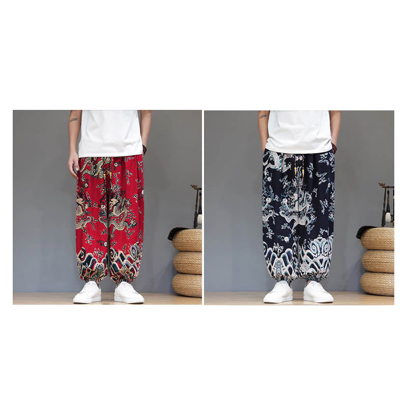 Pantalon harem homme en coton et lin avec poches, motif dragon d'été et cordon de serrage , Buddha Stones - image 18