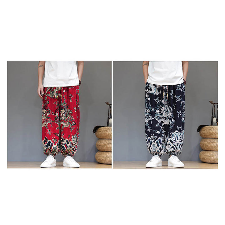 Pantalon harem homme en coton et lin avec poches, motif dragon d'été et cordon de serrage , Buddha Stones - image 18