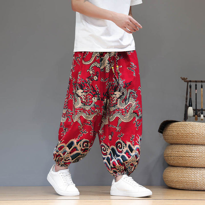 Pantalon harem homme en coton et lin avec poches, motif dragon d'été et cordon de serrage , Buddha Stones - image 7