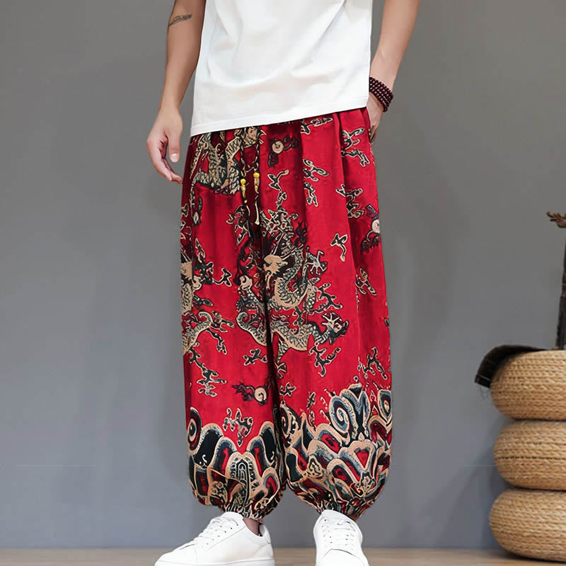Pantalon harem homme en coton et lin avec poches, motif dragon d'été et cordon de serrage , Buddha Stones - image 6