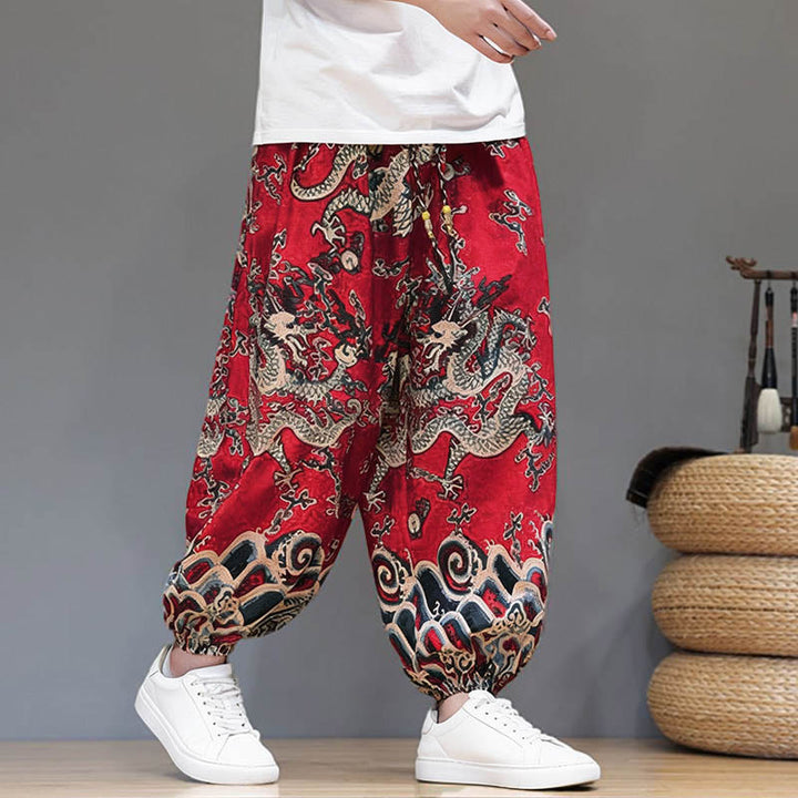 Pantalon harem homme en coton et lin avec poches, motif dragon d'été et cordon de serrage , Buddha Stones - image 5
