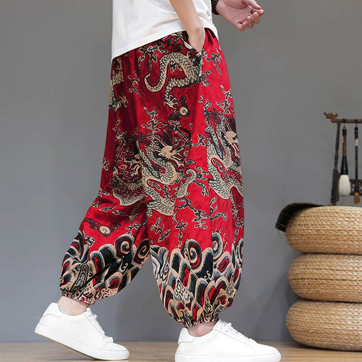 Pantalon harem homme en coton et lin avec poches, motif dragon d'été et cordon de serrage , Buddha Stones - image 2
