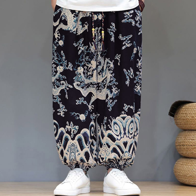 Pantalon harem homme en coton et lin avec poches, motif dragon d'été et cordon de serrage , Buddha Stones - image 12