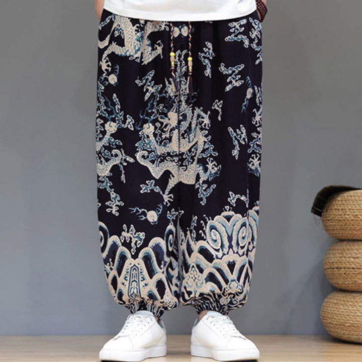 Pantalon harem homme en coton et lin avec poches, motif dragon d'été et cordon de serrage , Buddha Stones - image 12
