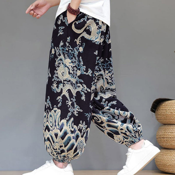 Pantalon harem homme en coton et lin avec poches, motif dragon d'été et cordon de serrage , Buddha Stones - image 13